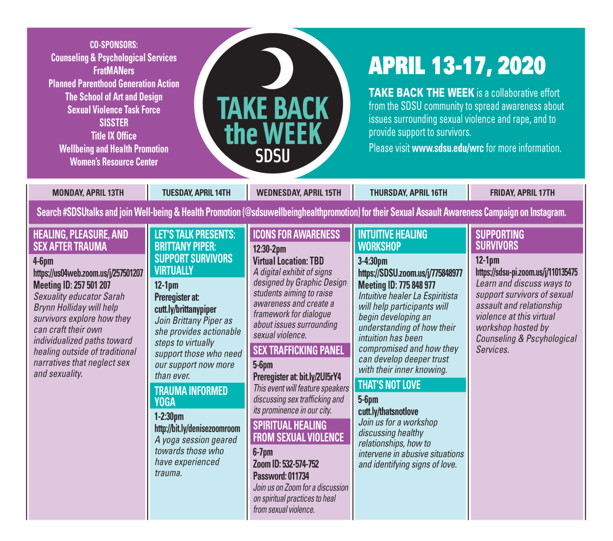 SDSUwellbeing's tweet photo. SDSU's Take Back the Week 2020 starts tomorrow! Join for virtual events and learn more how to support Sexual Assault Awareness Month.
#SDSUtalks #LetsTalk #SAAM https://t.co/sZq077EyXn