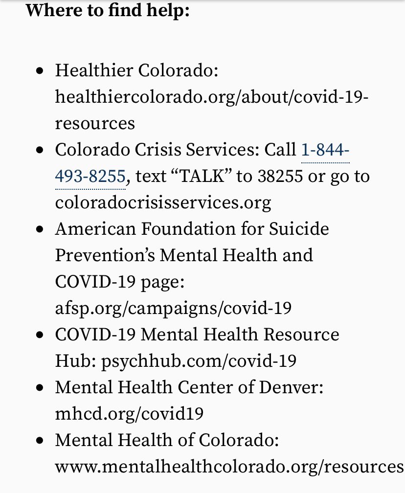This is a hard time. Take care of yourselves and each other. It’s the only way to get through it. And if you need help, there are resources out there for you - regardless of your income. You’re not alone. /end  https://www.denverpost.com/2020/04/12/mental-health-colorado-coronavirus-covid/