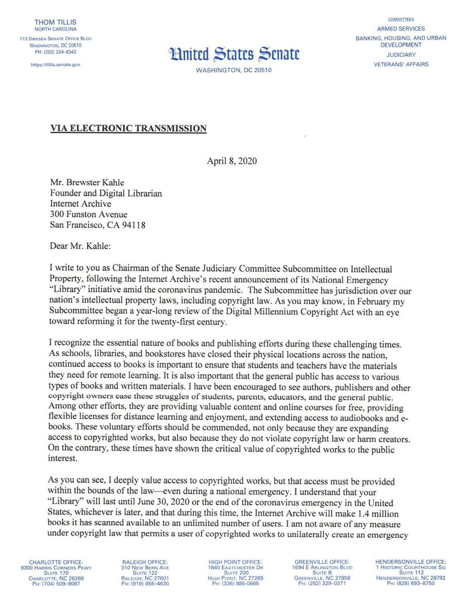 Letter from Senator Thom Tillis, Chairman, Subcommittee on Intellectual Property, United States Senate, to Brewster Kahle, founder and digital librarian of the Internet Archive, April 8, 2020.