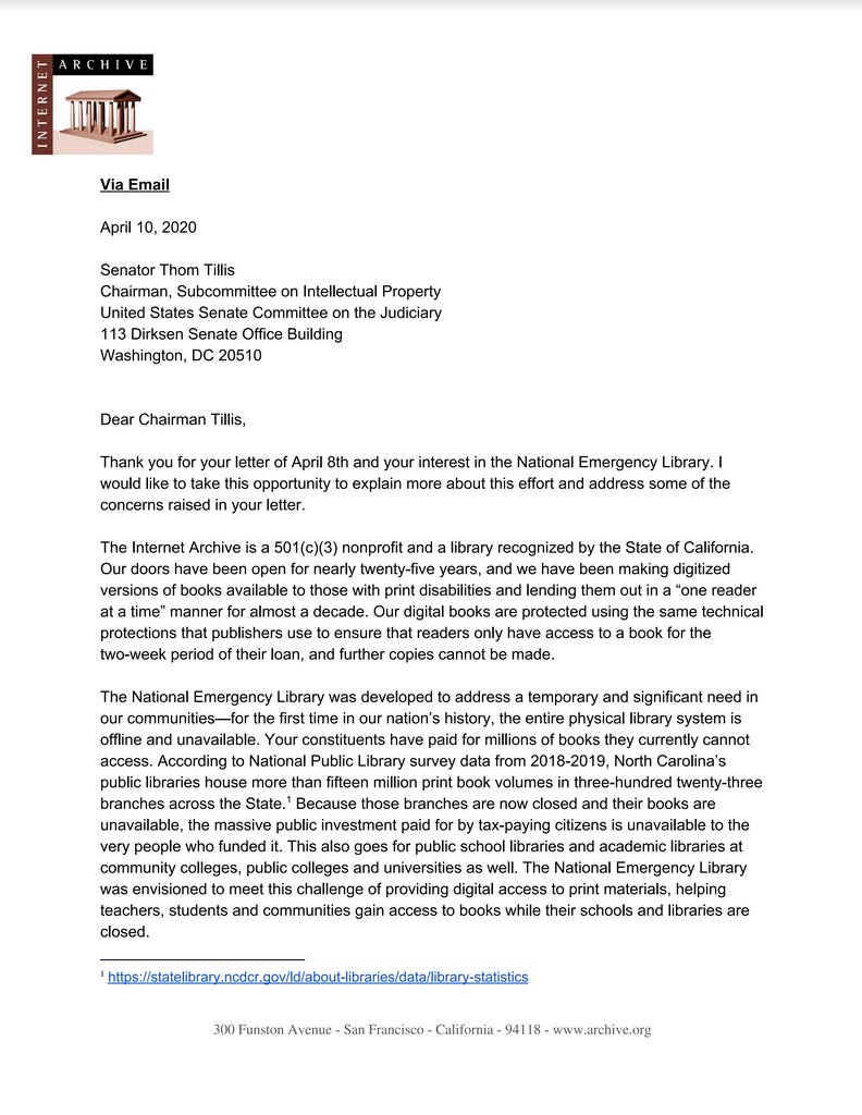Letter from Brewster Kahle, founder and digital librarian of the Internet Archive to Senator Thom Tillis, April 10, 2020.