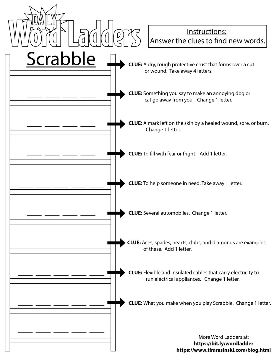 TimRasinski1's tweet photo. Apr 13  
Today's Word Ladder Lesson celebrates Words &amp; Word Games!
                    National Scrabble Day! 

How about a family game of Scrabble after doing this WL? 

Please retweet for other teachers &amp; parents to use with students.  Thank you. 
 
@HuffPostEdu @EdWeekTeacher https://t.co/61WArexx1k