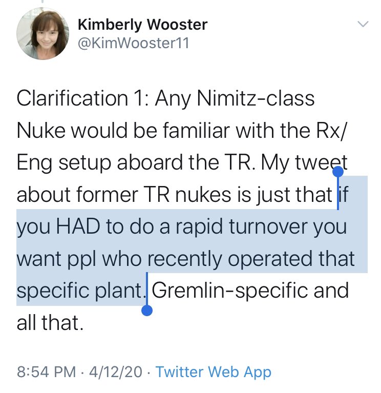 A case in point about highly specialized personnel need is this thread by former carrier reactor compartment crew:  https://twitter.com/kimwooster11/status/1249480330404417538 