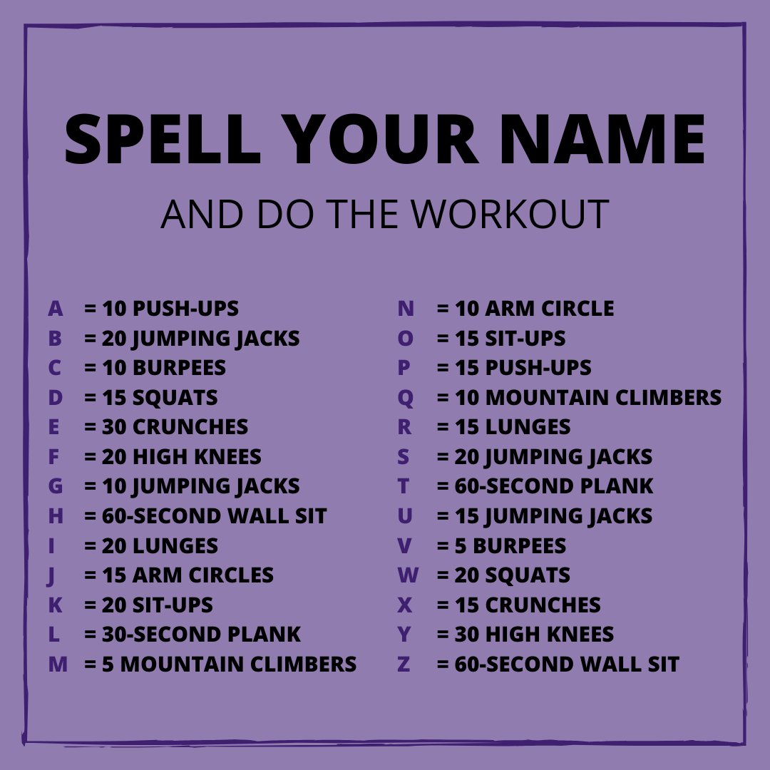 Eastgateness Do You Need Inspiration For Your Next Home Workout Spell Your Name And Complete The Exercise Listed For Each Letter T Co Yjeplbrhaf