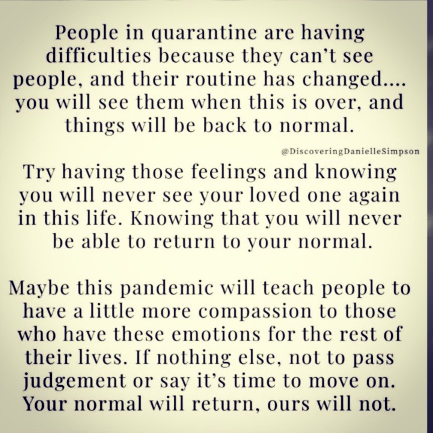 The isolation felt follow a bereavement can be so desolate.
But this gave me hope, that maybe post #Covid_19 and the experience of quarantine, even a handful of people will come out of the other side, a little kinder, a little more understanding to those of us grieving 💜 #grief