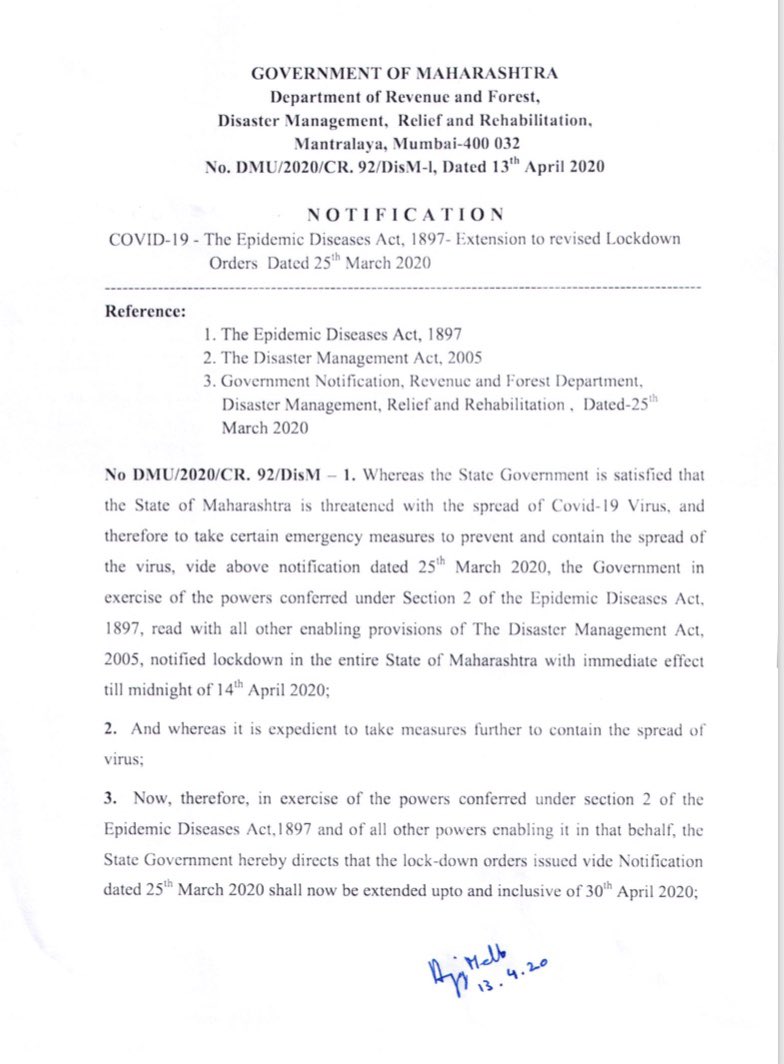 Cmo Maharashtra The State Government Hereby Directs The Lock Down Orders Issued Vide Notification Dated 25th March Shall Now Be Extended Upto And Inclusive Of 30th April T Co Xe4anz4m8e