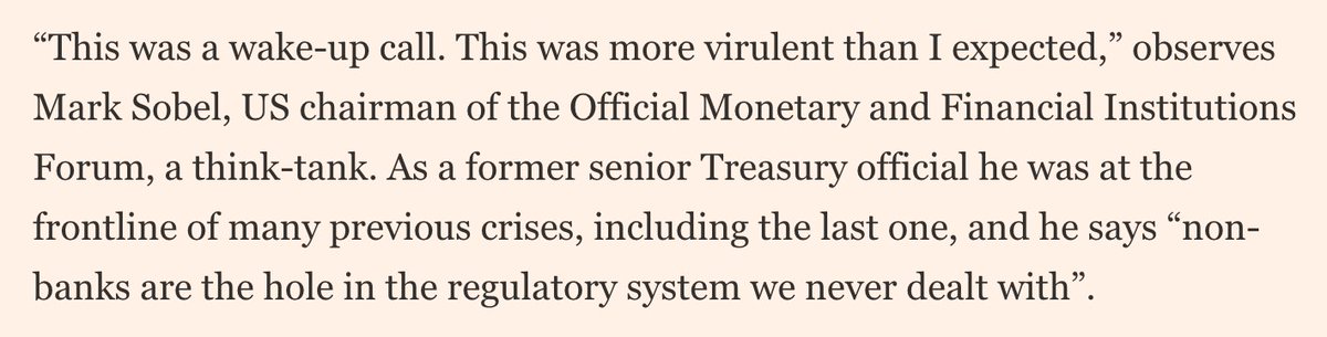 However, the scale of the economic devastation caused by the coronavirus means that we could still see this morph into another financial crisis. And whatever happens, the non-bank part of the financial system needs to be reexamined.
