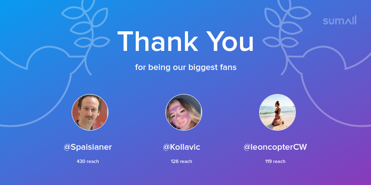 Our biggest fans this week: Spaisianer, Kollavic, leoncopterCW. Thank you! via sumall.com/thankyou?utm_s…