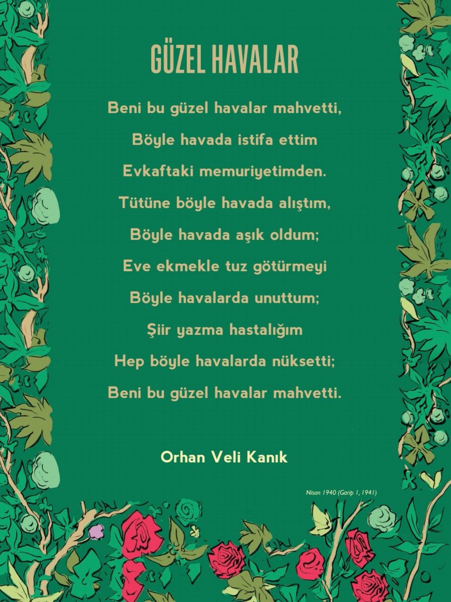 Şiir yazma hastalığım
Hep böyle havalarda nüksetti
Beni bu güzel havalar mahvetti
#OrhanVeli #OTşiirlerle ✍<a href="/rewhat/">rewhat</a>