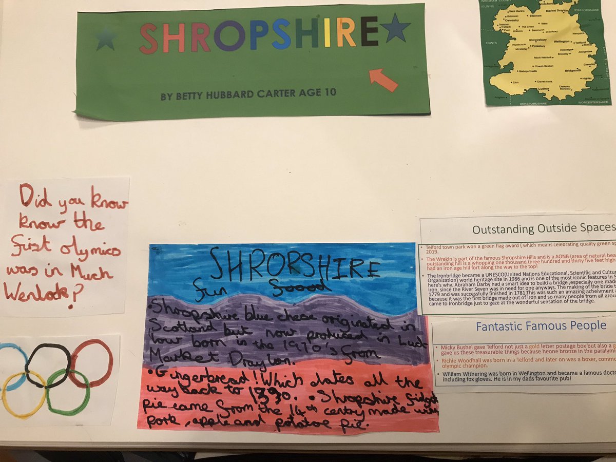 Zoe71's tweet photo. @thebodycoach here is Bettys homework about Shropshire. Lots of sports on the one inc a gold post box!! #PEWithJoe https://t.co/uEY2zKhaR8