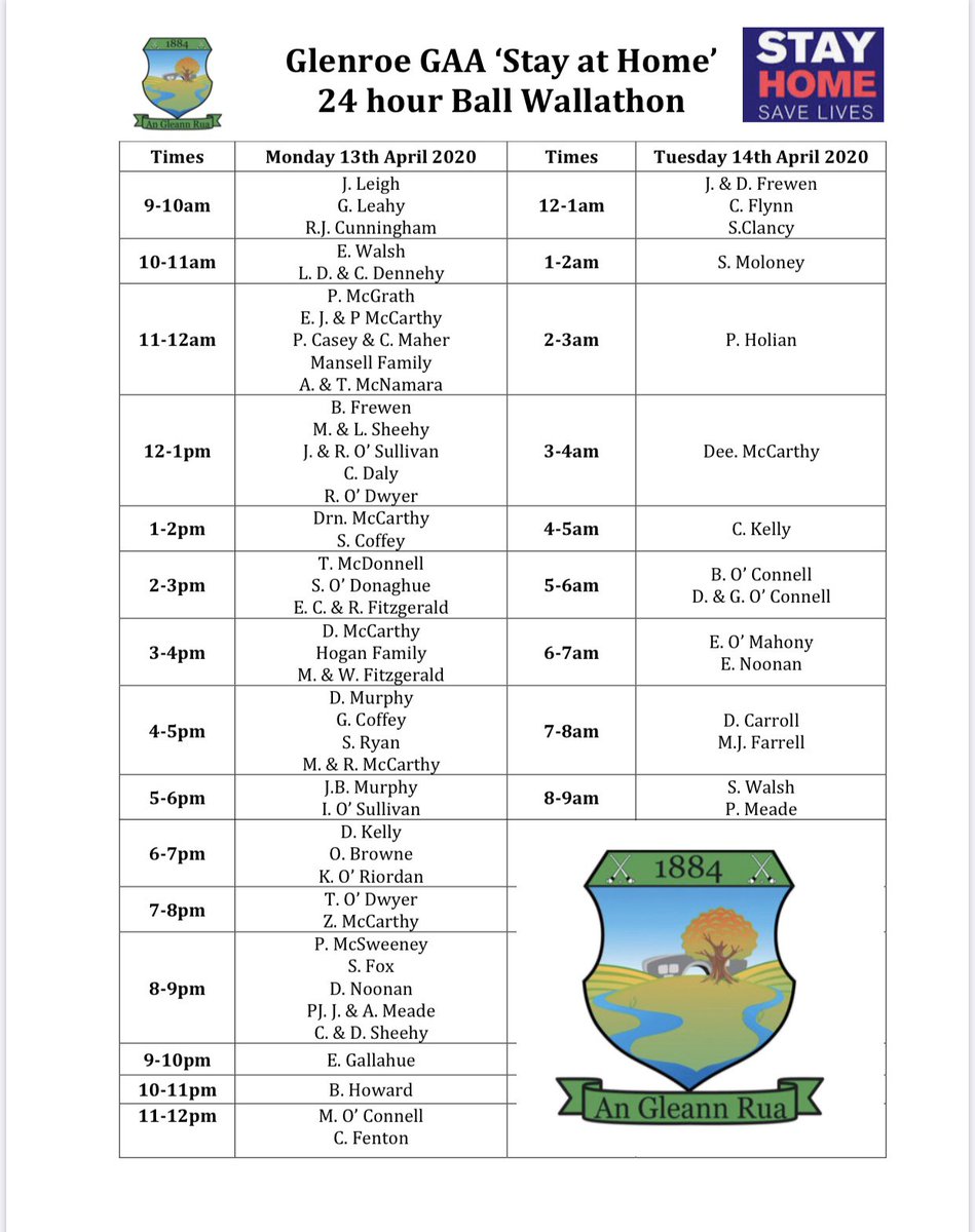 GlenroeGAA's tweet photo. It starts today striking off at 9am - best of luck to all our participants for such a worthy cause updates throughout the 24 hours on our Facebook page - please join in and tag Glenroe GAA - Link to donate pinned #supportfrontlineworkers https://t.co/l2RhaTSM7t