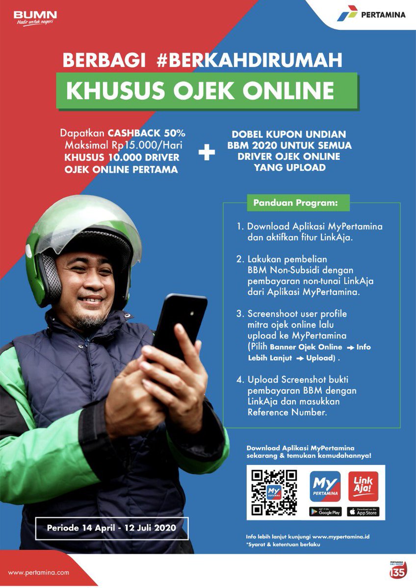 Unt sobat rider ojek online, dapatkan cashback 50% maksimal Rp 15.000 bagi 10.000 pengendara ojek online perhari, unt pembelian Pertalite, Pertamax dan Pertamax Turbo dgn aplikasi MyPertamina.
.
Promo berlaku pada periode 14 April-12 Juli 2020.
#BerbagiBerkahMyPertamina