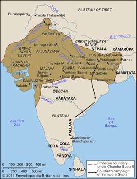 According to the above inscription, Mount Kailasa and Sumeru were the northern edges of the empire, Vindhyas the southern boundaries & surrounded by seas from three sides.Thus, Kumara Gupta - I was at the zenith of his power & the Gupta Empire had its greatest extent in 436 AD.