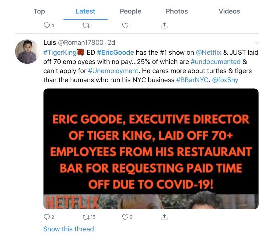 tigerrangertera's tweet photo. @itspeteyo @taylorndean OK so you nailed it. The reason that it screamed entitlement and greed is because the people that directed it are the embodiment of 1% entitled very greedy s people. They empathize with Joe Exotic which was why he was sold as a folk hero. #ericgoode also breeds exotic animals! https://t.co/VDoegf2QL0