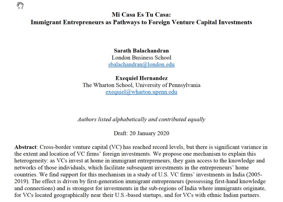 Experience investing in immigrant startups by VCs makes VCs more willing to invest in the region the immigrant came from. Thus, the emigrants who create startups are bridges back to their home countries, as this paper by  @Sarathbc &  @profzeke shows. 2/3  https://papers.ssrn.com/sol3/papers.cfm?abstract_id=3331264&download=yes