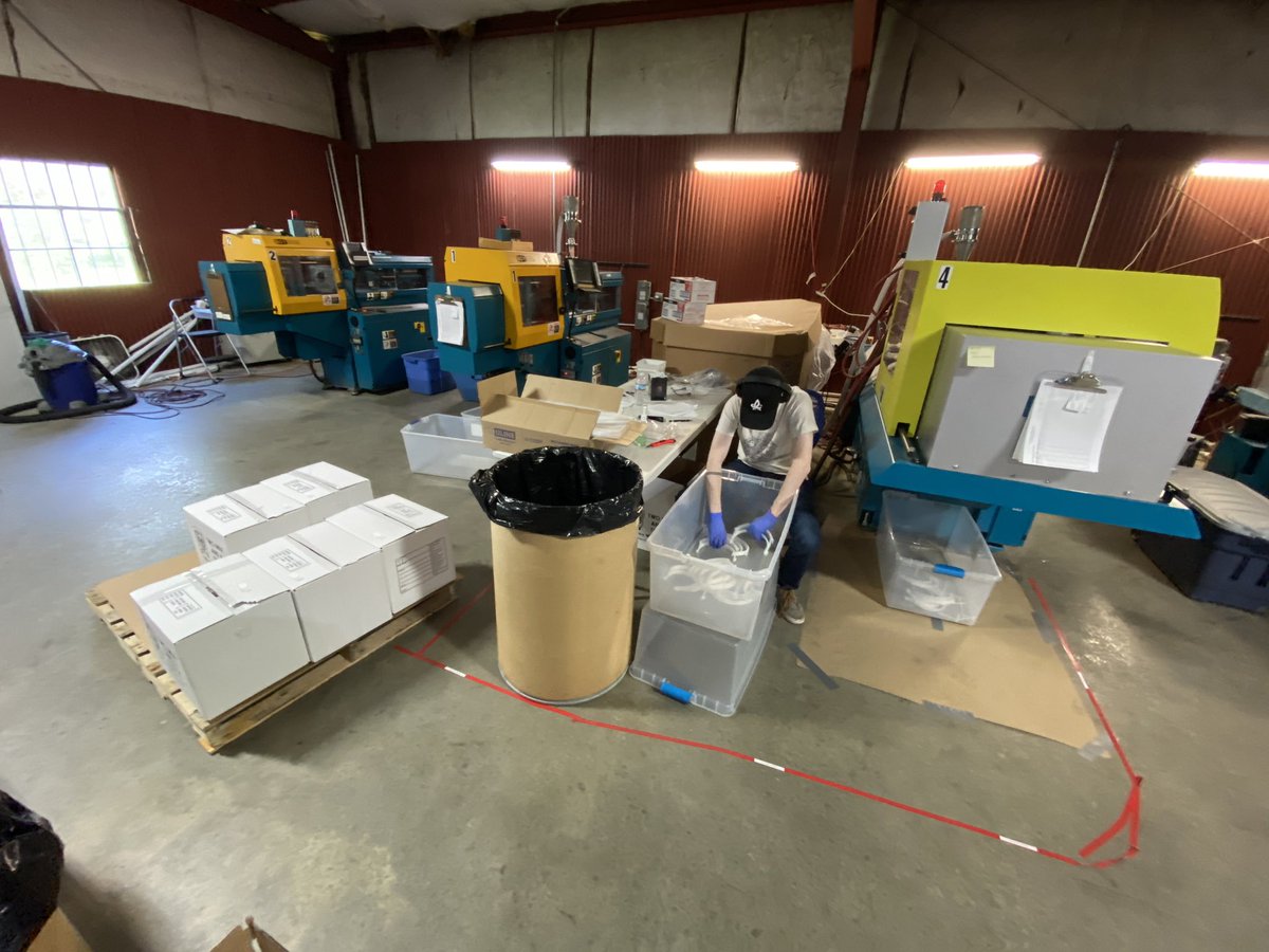 Now that the mold is working, a team of people (mostly engineers and machinists) who have been at home for two weeks or more are working 4 hour shifts at the injection molding machine to make over 3,000 parts every 24 hours.