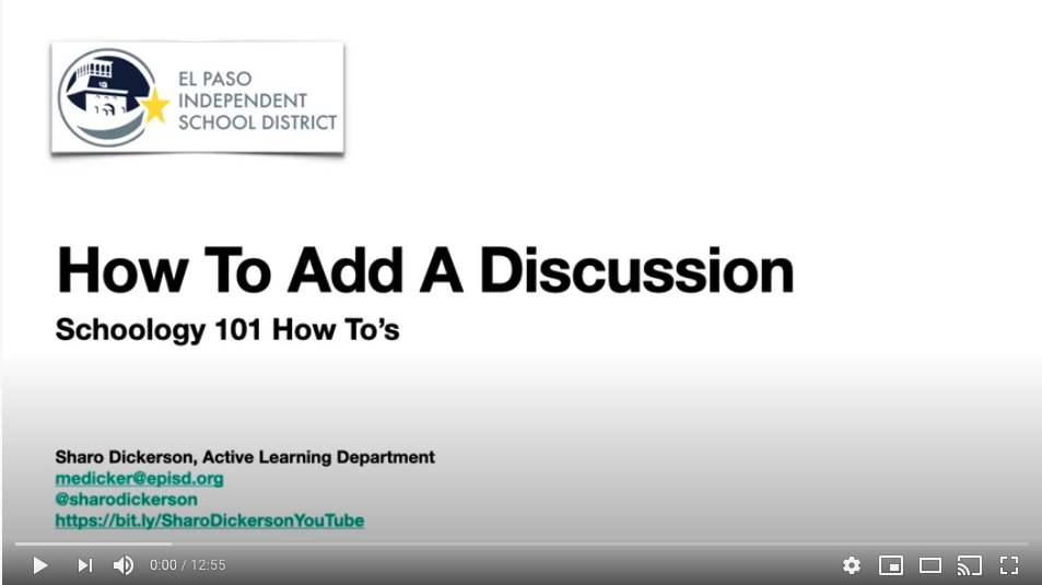 sharodickerson's tweet photo. ๐๐ฝEPISD@Home Virtual Teaching/Learning Tips: How do you add a discussion in a Schoology course? Please watch this new episode in my Schoology 101 How-To's series!
๐๐ฝhttps://t.co/lPqRJjDQIq
Please subscribe to my YouTube Channel!
#IAmEPISD #EPISDAtHome #GlobalEducators๐ฉ๐ฝโ๐ป๐ https://t.co/H6L58LZzxS