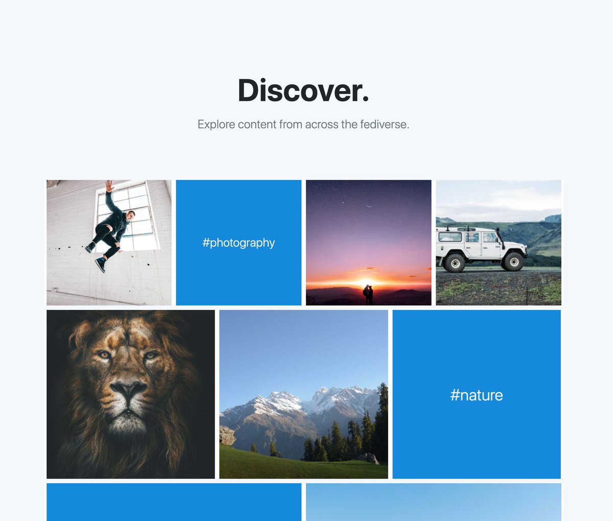 PixelFed's tweet photo. Discovery is important, especially for new users.

The new landing page will have an admin curated discover section with posts and hashtags!

#pixelfed https://t.co/6FaVPWOSaa