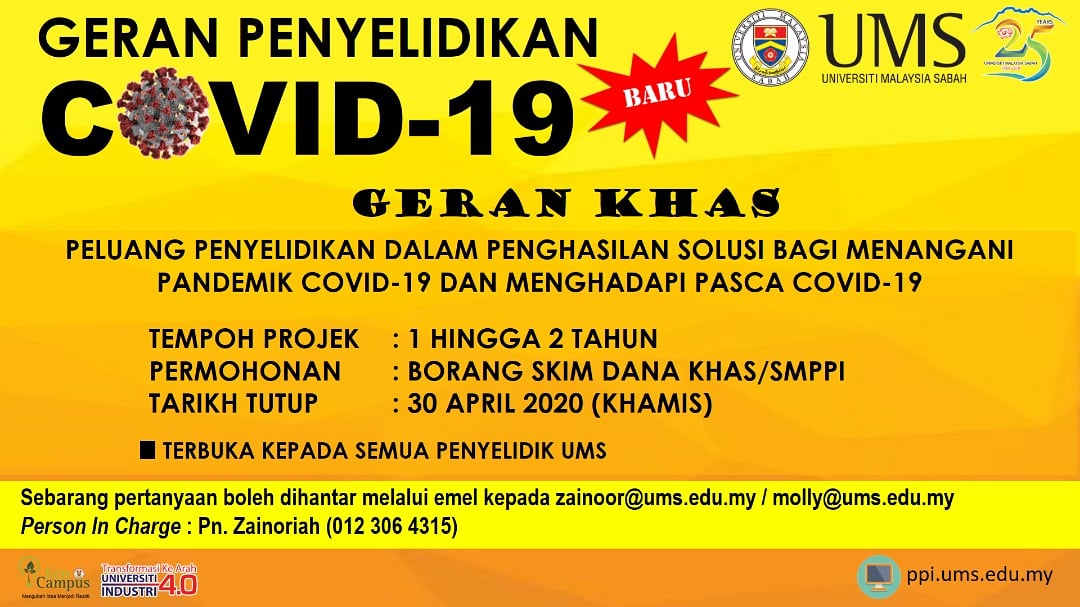 UMS_EcoCampus's tweet photo. GERAN KHAS
Geran Penyelidikan UMS COVID-19

Terbuka kepada semua penyelidik UMS.

#UMSKampusRahmah
#GeranPenyelidikanUMS https://t.co/GScHf4iaMo