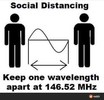 SARadioClub's tweet photo. We want to make Social Distancing rules clear for every radio operator.  Please stay one full wavelength apart at 146.52 MHz.   #hamr #hamradio @arrl 

300/(any frequency in MHz) = length of full wavelength in meters. https://t.co/Mr3xzu9Pgx