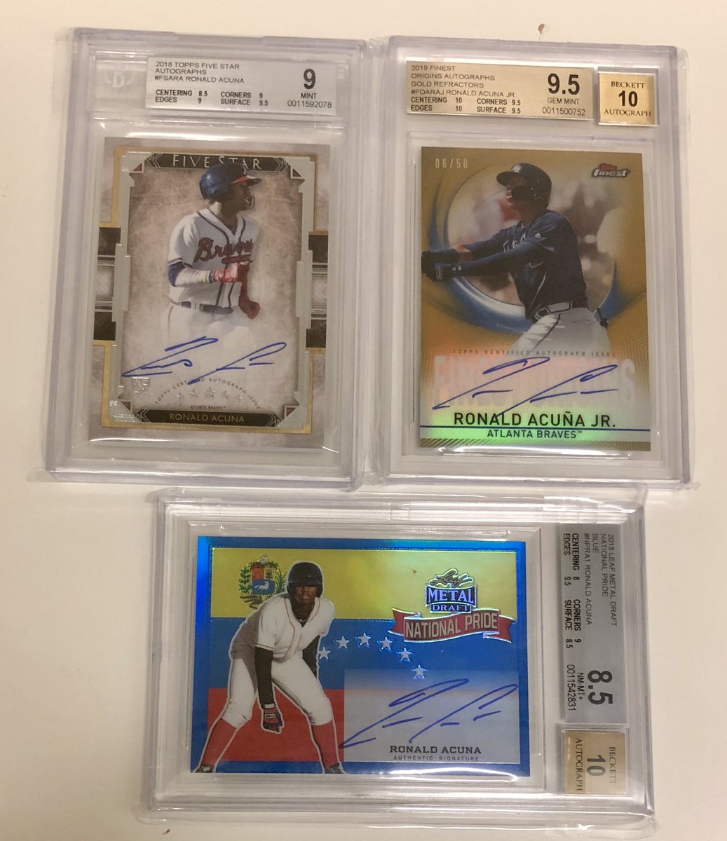 PC Day 4: The Acuña Collection (will add to pinned tweet soon). Drop your favorite Acuña’s here, or let me know if selling or trading any. Just picked up a PSA10 RC tonight! $1  @HobbyConnector Pic 1: AutosPic 2: Update RCs + HolidayPic 3: Misc RCs/PRCsPic 4: Misc 2019/20