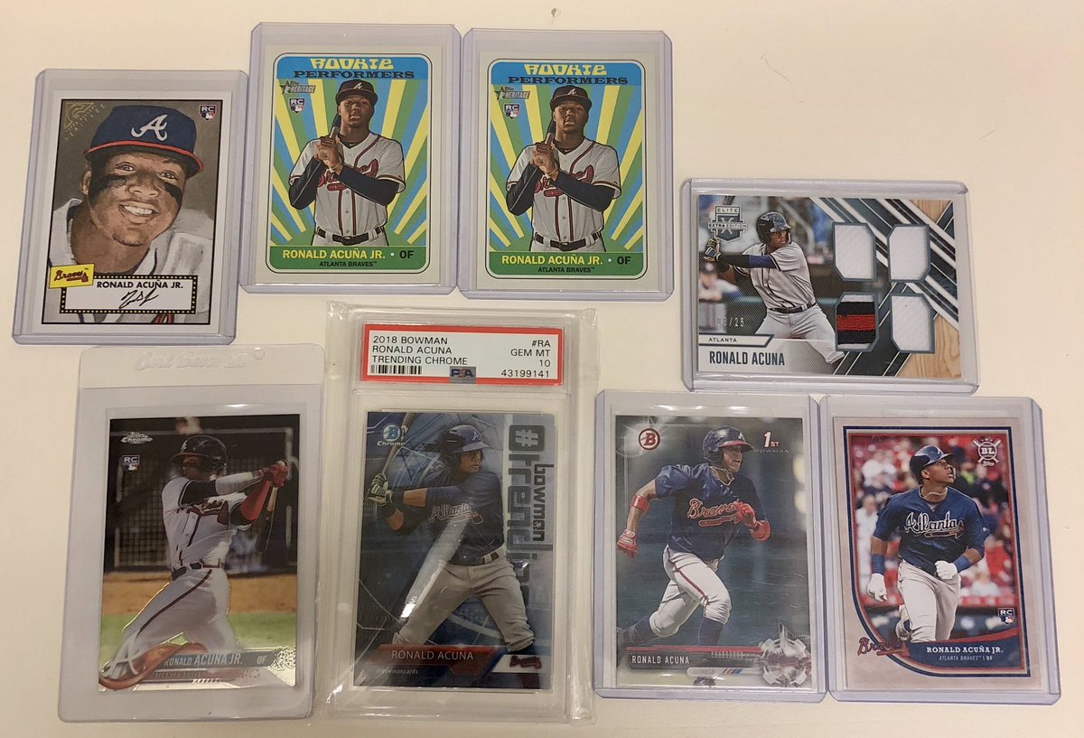PC Day 4: The Acuña Collection (will add to pinned tweet soon). Drop your favorite Acuña’s here, or let me know if selling or trading any. Just picked up a PSA10 RC tonight! $1  @HobbyConnector Pic 1: AutosPic 2: Update RCs + HolidayPic 3: Misc RCs/PRCsPic 4: Misc 2019/20