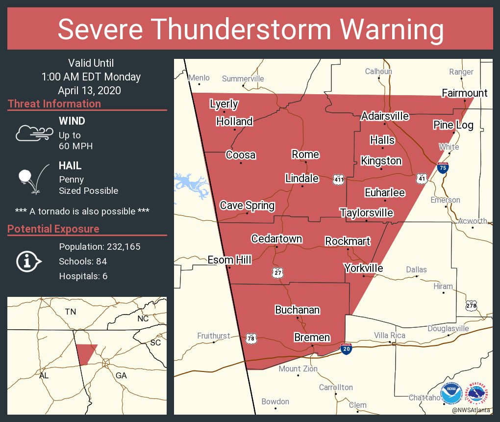 NWSAtlanta's tweet photo. Severe Thunderstorm Warning including Rome GA, Cedartown GA, Bremen GA until 1:00 AM EDT https://t.co/ZZNCGMmH9U