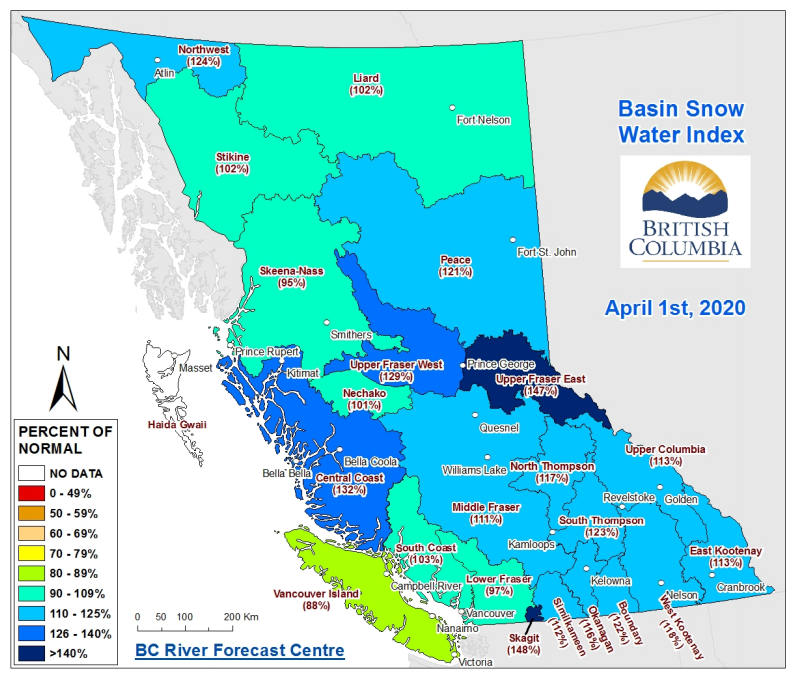 [1/n] Non-COVID thread: upcoming  #snow melt in central  #BritishColumbia. The recent snow survey and water supply forecast from the River Forecast Centre (who aren't on Twitter?) showed big snowpacks in the upper Fraser Basin.  https://www2.gov.bc.ca/assets/gov/environment/air-land-water/water/river-forecast/2020_apr1.pdf