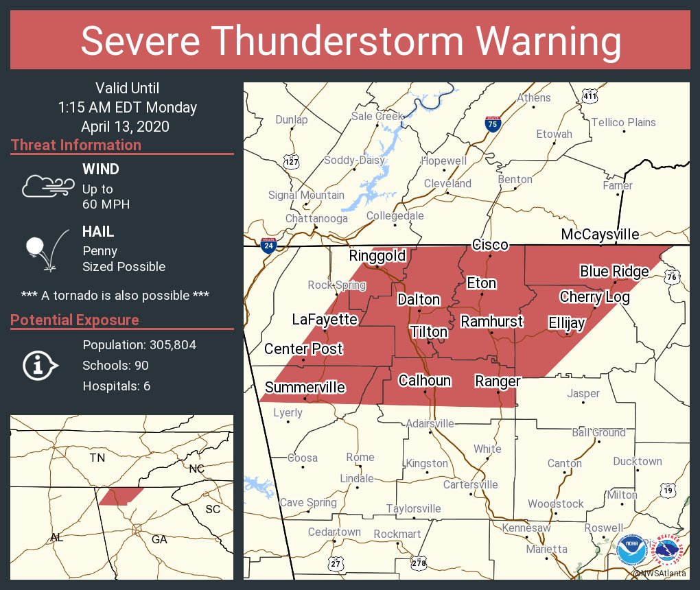 NWSAtlanta's tweet photo. Severe Thunderstorm Warning including Dalton GA, Calhoun GA, LaFayette GA until 1:15 AM EDT https://t.co/0bHcNnS0DY