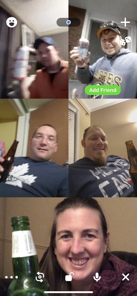 Graigswife's tweet photo. Having a Houseparty Covid style with @xDECAPx @CSU_GraigKelly and friends.  

Looking forward to going out for @Molson_Canadian beers at @endzonehamilton when we no longer have to have a #VirtualHappyHour https://t.co/Rd54H5pc0G