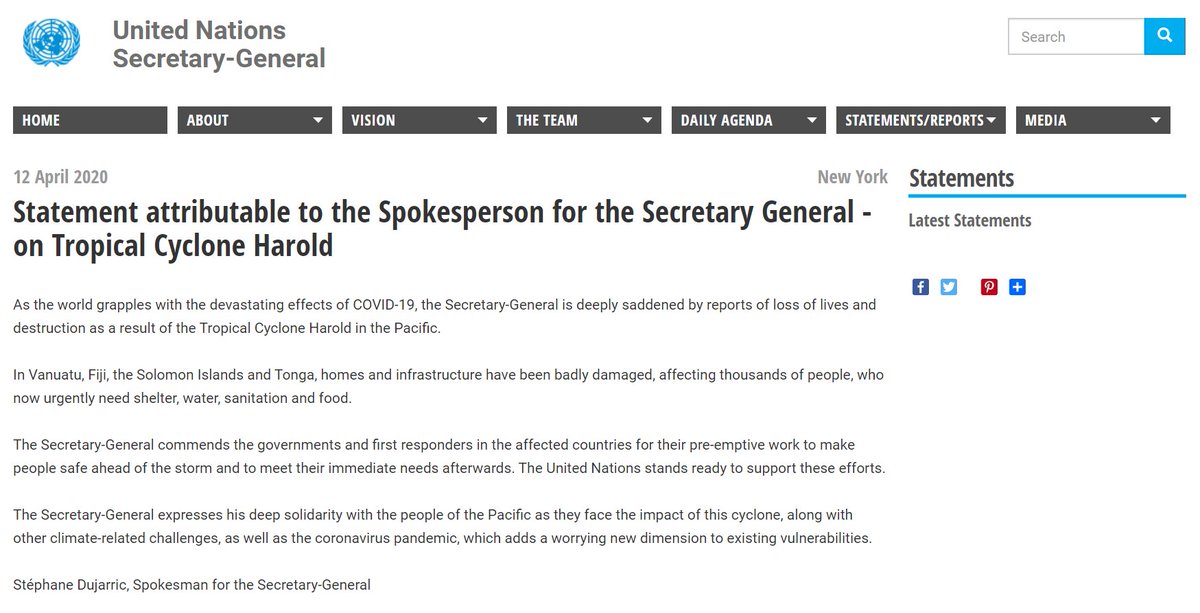 UNOCHA_Pacific's tweet photo. "The Secretary-General commends the governments &amp;first responders in the affected countries for their pre-emptive work to make people safe ahead of the storm &amp;to meet their immediate needs afterwards. The UN stands ready to support these efforts"
https://t.co/gs0LoFgZrJ #TCHarold https://t.co/x1D067RIMM