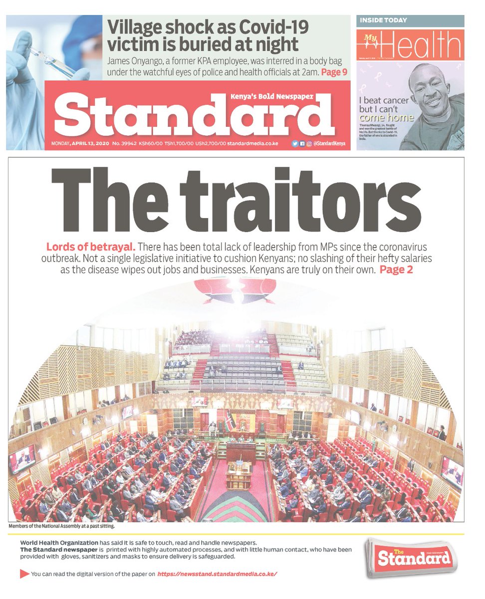 StandardKenya's tweet photo. There has been a lack of leadership from the MPs since the Coronavirus outbreak. Not a single initiative to cushion Kenyans; no slashing of their hefty salaries as the disease wipes out jobs and businesses. Kenyans are truly on their own.

Grab your copy!

#LordsOfBetrayal https://t.co/LokQHxiv08