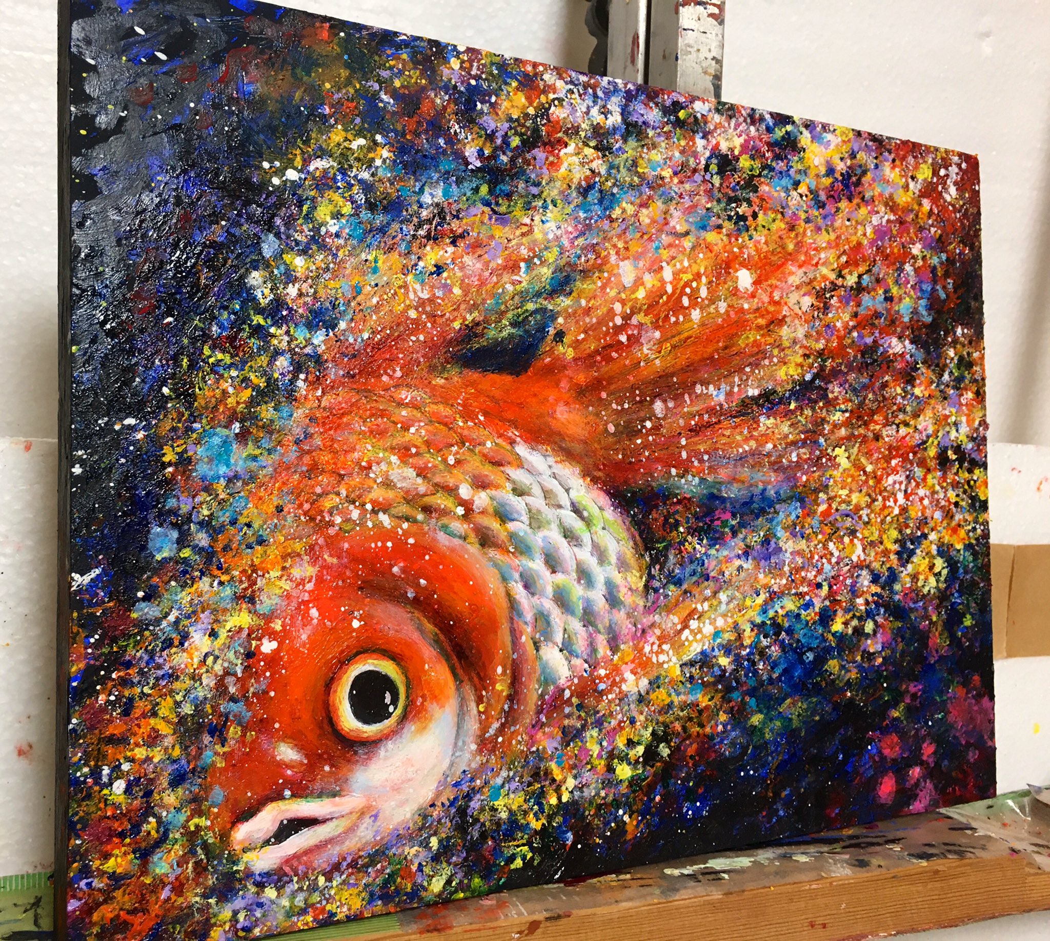 油彩画 金魚の群れ e
