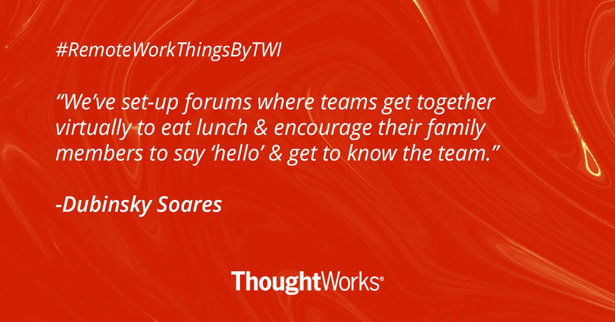 thoughtworksIN's tweet photo. "It’s been over three weeks since we’ve moved to #remoteworking. We’ve taken extra steps to check on everyone’s well being by kickstarting the day with an ‘emotive word’ to gauge how the team is feeling."
- Dubinsky Soares
(1/2)
#RemoteworkthingsbyTWI #TWI #MondayMotivation https://t.co/h5kdm7n2lS