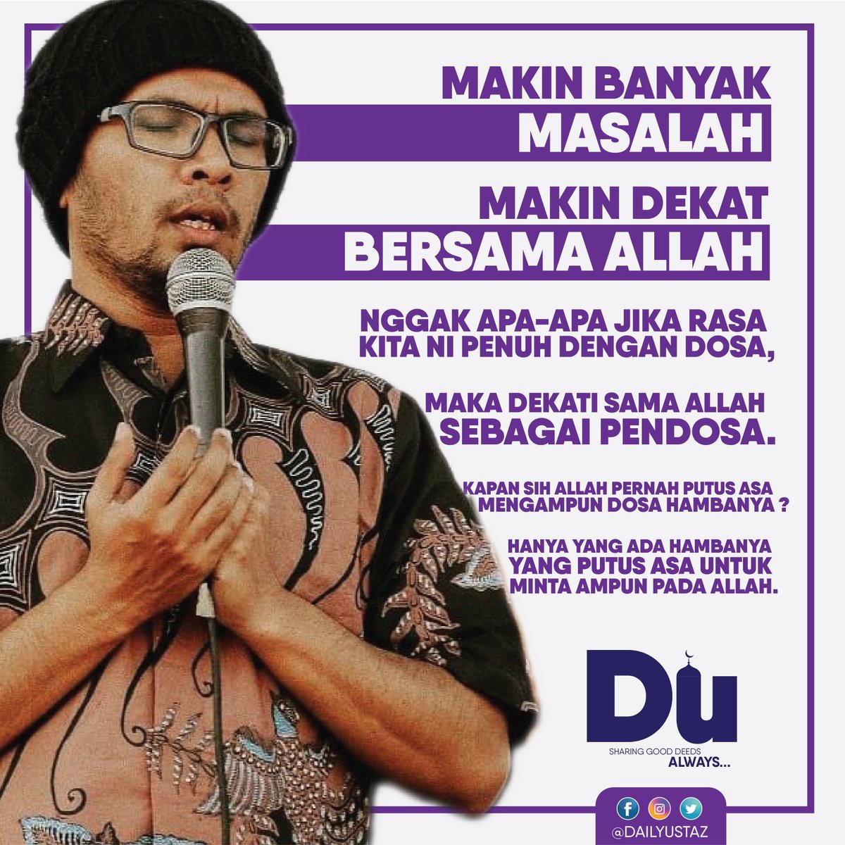 DailyUstaz's tweet photo. MAKIN BANYAK MASALAH, makin dekat bersama Allah.
- Hanan Attaki, Founder Shift Pemuda Hijrah
Lets spread this positivity.
#dailyustaz #islam #HananAttaki #ShiftMedia #PemudaHijrah #ShiftPemudaHijrah @HananAttakiLc
Sumber : https://t.co/EyhLkupJ1f https://t.co/45cSqHRTkv