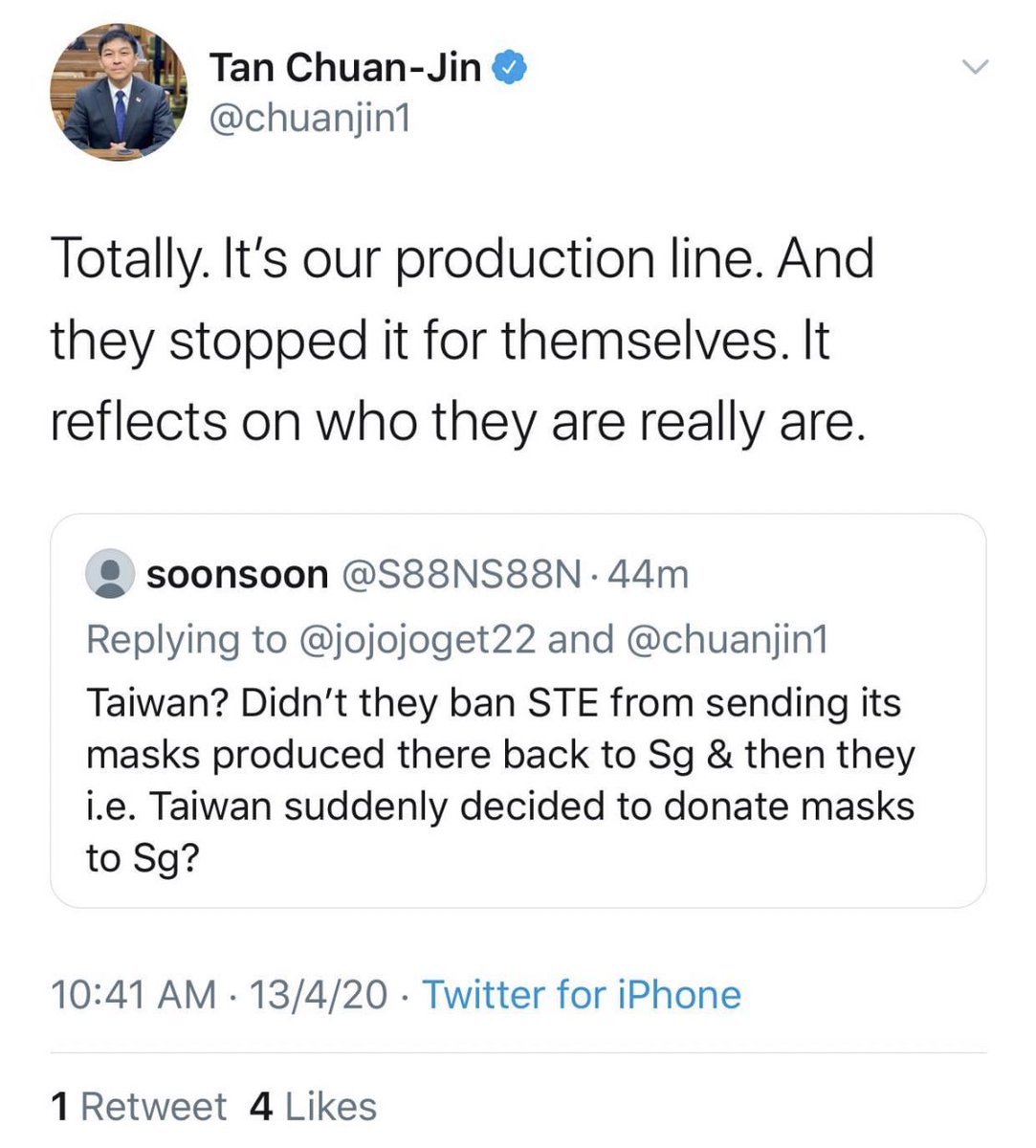 Did anyone see reporting or outcry about  #Taiwan banning mask exports affecting  #Singapore in February? I’m curious how this all seems to be coming out now that Taiwan has offered to donate masks to us. This is our Speaker of Parliament 
