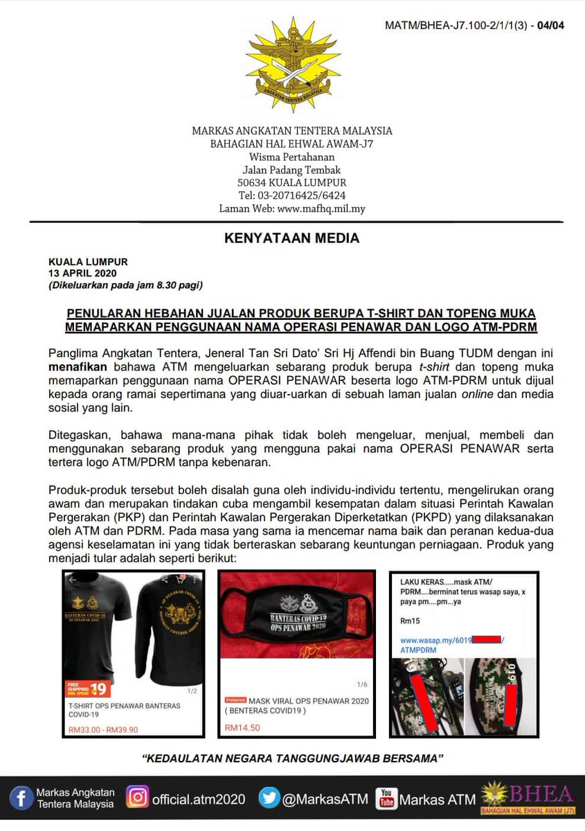 KENYATAAN MEDIA - PENULARAN HEBAHAN JUALAN PRODUK BERUPA T-SHIRT DAN TOPENG MUKA MEMAPARKAN PENGGUNAAN NAMA OPERASI PENAWAR DAN LOGO ATM-PDRM