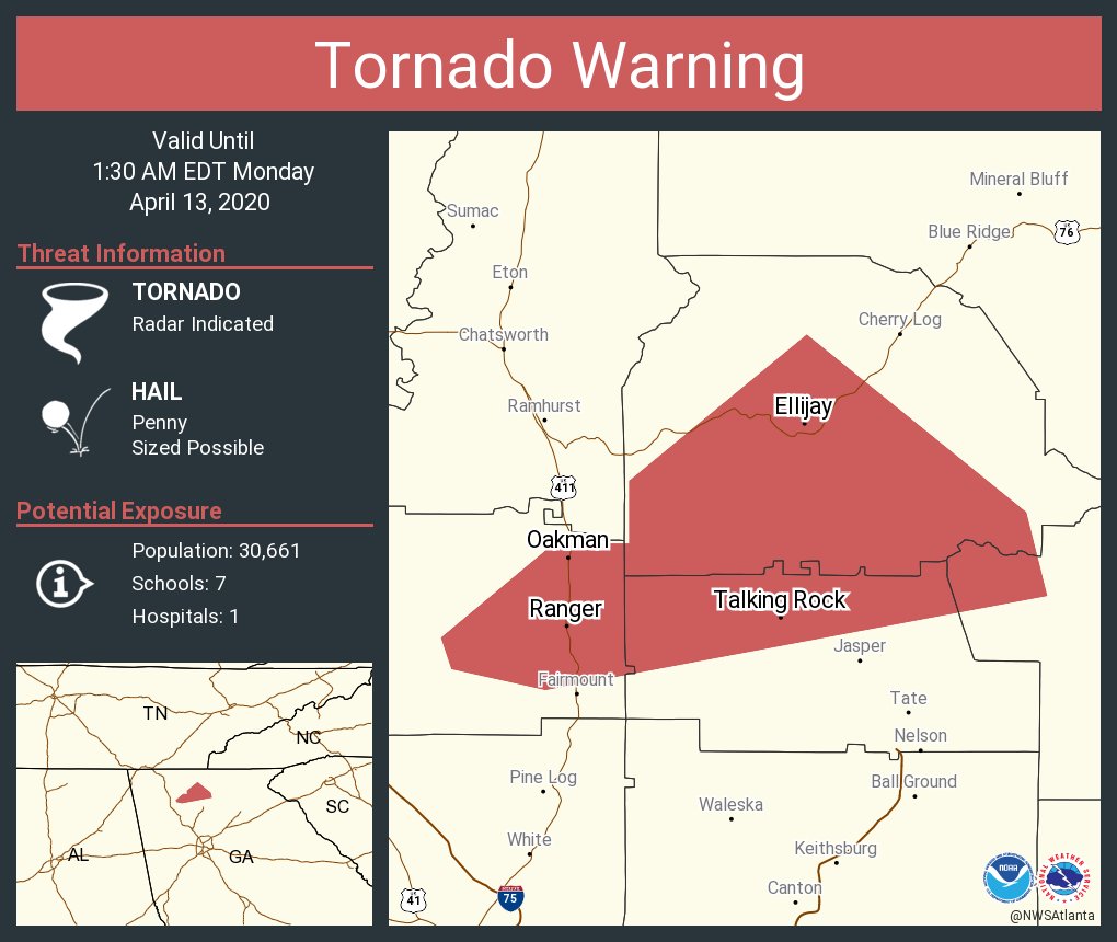 NWSAtlanta's tweet photo. Tornado Warning including Ellijay GA, East Ellijay GA, Ranger GA until 1:30 AM EDT https://t.co/0xI71m0Mu1