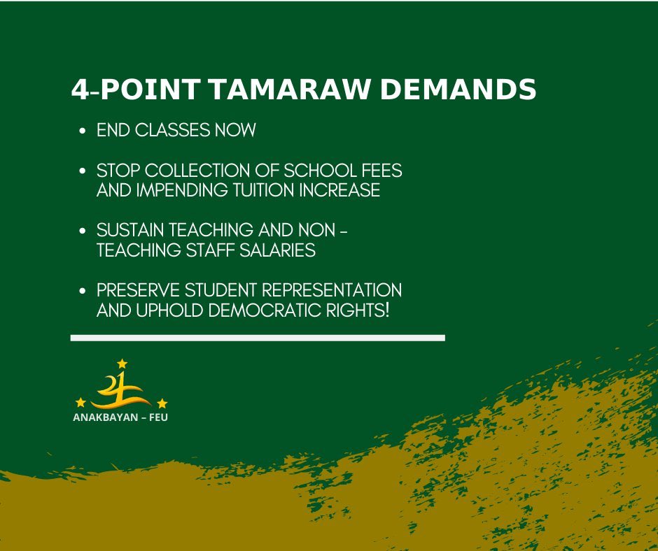 Anakbayan_FEU's tweet photo. Sa gitna ng krisis at pandemya ng COVID-19, naninindigan ang katipunan ng mga progresibong kabataan sa FEU para sa mga lehitimong panawagan ng mga mag-aaral at ng buong kaguruan.
#Pass4PointTamarawDemands
#EndClassesNowFEU
#CompassionOverProfit https://t.co/9AsxMopdVw