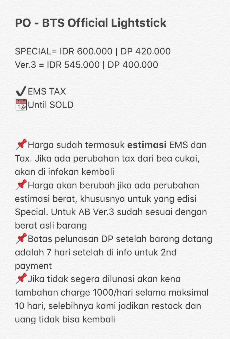 minollystore's tweet photo. 🇲🇨INA PO
PO - BTS Official Lightstick
SPECIAL= IDR 600.000 | DP 420.000
Ver.3 = IDR 545.000 | DP 400.000
✔️EMS TAX
📆Until SOLD
🛒Order cek pinned tweet
Read Details Please 🙏🏼
#BTS #BTSARMY #Armybomb #ArmybombSpecialEdition #LighstickBTS https://t.co/a5mQKtOogE