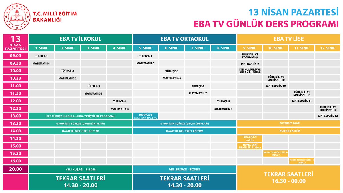TRT EBA TV ile ders başlıyor .🛎 

1️⃣3️⃣ Nisan Pazartesi Günlük Ders Programı 📢

<a href="/tcmeb/">Millî Eğitim Bakanlığı</a> <a href="/ziyaselcuk/">Ziya Selçuk</a> <a href="/istanbulilmem/">İstanbul İl Millî Eğitim Müdürlüğü</a> <a href="/memleventyazici/">Levent Yazıcı</a> 

#TatilDeğilUzaktanEğitim 
#BizeHerYerOkul
