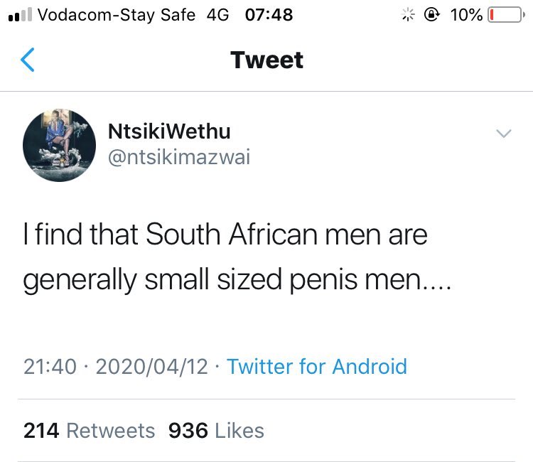 AdvoBarryRoux's tweet photo. According to Ntsiki Mazwai South Africa men we have smaller nyana penis’ #NtsikiMazwai https://t.co/nmXD8zsVRV