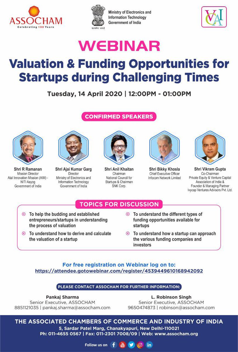 Please register for ASSOCHAM Webinar on "Valuation &amp; Funding Opportunities for Startups during Challenging times" on April​ 14, 2020 12:00 PM IST at: 

attendee.gotowebinar.com/register/45394…

<a href="/ASSOCHAM4India/">ASSOCHAM</a> <a href="/allstartupsin/">AllStartups.in</a> <a href="/GoI_MeitY/">Ministry of Electronics & IT</a> <a href="/AIMtoInnovate/">Atal Innovation Mission Official</a> <a href="/AnilKhaitan2/">Anil Khaitan</a> <a href="/ajay_sharma19/">AJAY SHARMA</a> <a href="/startupindia/">Startup India</a>
