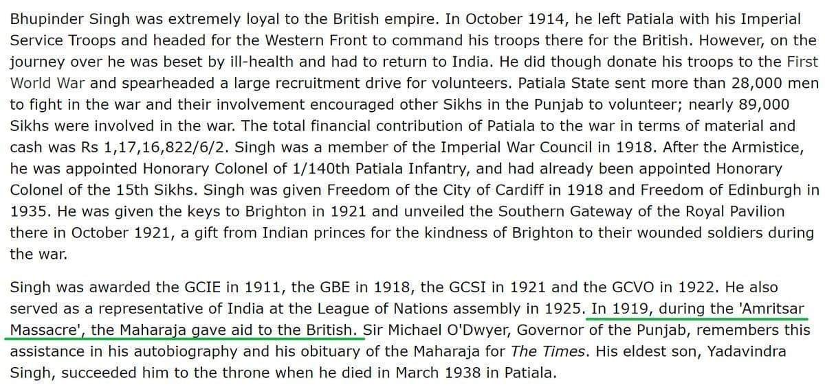 Maharaja Bhupinder Singh was very loyal to the British and he was handsomely rewarded with several medals and honors.During  #jallianwalabagh massacre, he gave aid to British. Then Lieutenant Governor of Punjab, Michael O'Dwyer fondly remembered this in his autobiography