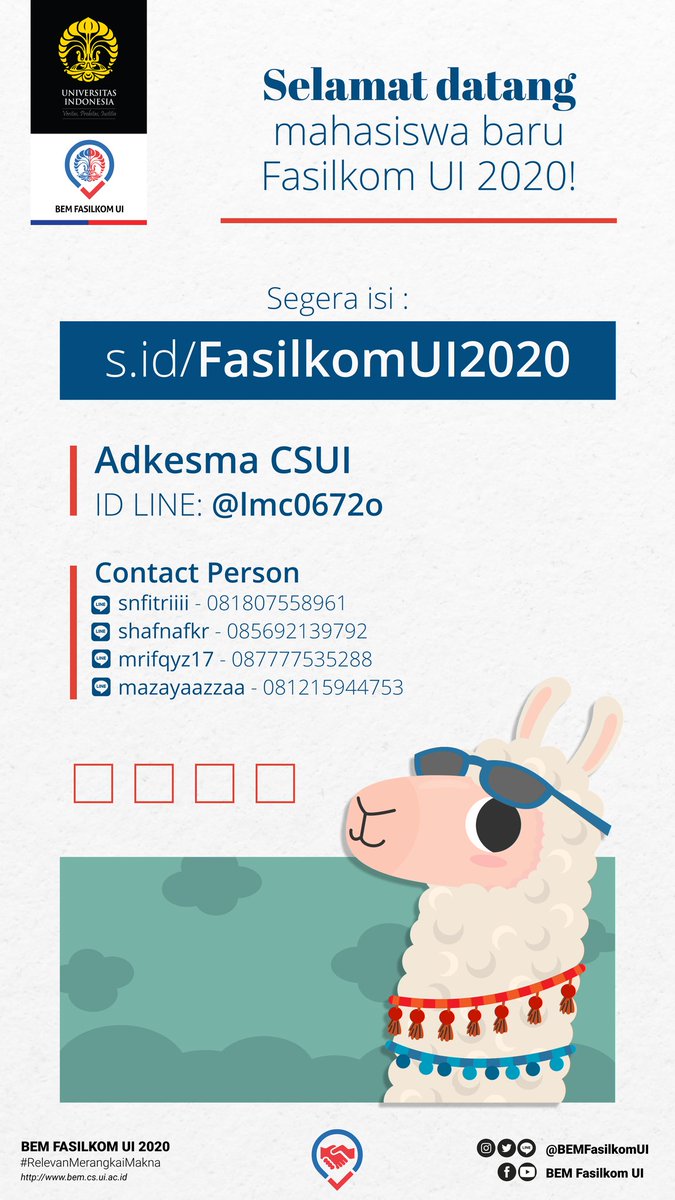 thisispramie's tweet photo. Jika kamu adalah mahasiswa baru Fakultas Ilmu Komputer UI 2020, mohon untuk melakukan lapor diri melalui tautan berikut ini: https://t.co/hKHHuxKHgr
#fasilkom2020 #fasilkomui #ppkb #ppkb2020 #talentscoutingui #fasilkomui2020 #mabaui
#mabaui2020 #fasilkom #ui2020 https://t.co/8scZ8BFjWr