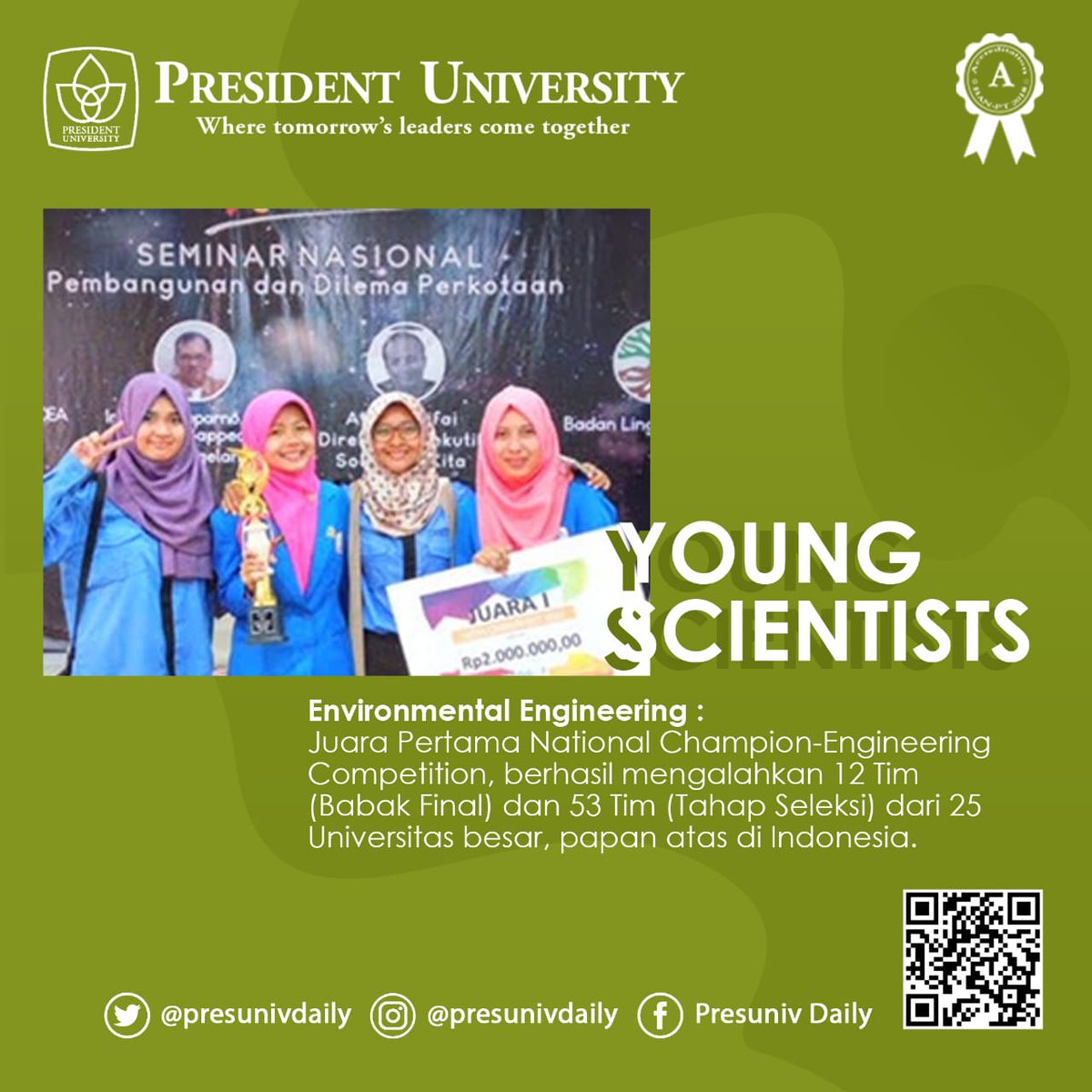 president_daily's tweet photo. Menjadi Young Scientists setelah mengalahkan 53 tim di Indonesia, pasti menjadi prestasi dan kebanggaan tersendiri nih buat kalian presunivers!
Udah siap membela kampus tercinta?

#Presunivers #PresidentUniversity #Iampresunivers #Environmentalengineering #Tekniklingkungan https://t.co/uKK5b1u77L