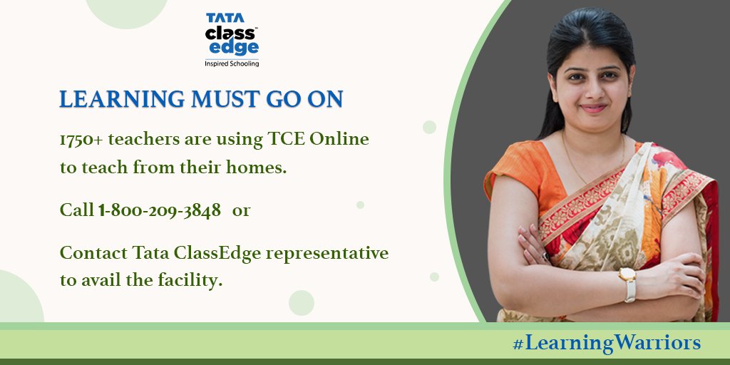 tataclassedge's tweet photo. In the current situation amid COVID-19, we are committed to ensuring #learning_must_go_on. This allows schools to access ClassEdge online. 1750+ teachers are availing the facility.
To avail, call 1800-209-3848 or contact our representative.
#classedgeonline #LearningWarriors https://t.co/Ua6lCTD07o
