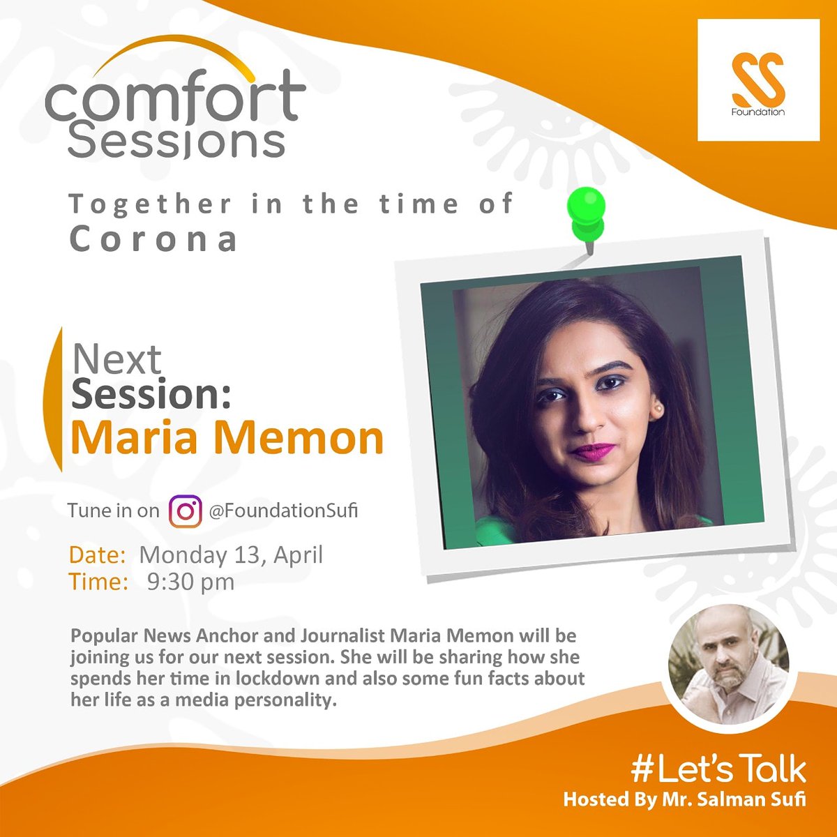 SalmanSufi7's tweet photo. Today #LetsTalk comfort session is with the marvelous @Maria_Memon at 930 PM PST and 10 PM IST
Maria will be sharing her story and some very interesting details about her life and work.
Tune in at https://t.co/E3oDDylOUM
#COVID2019 #ComfortSession https://t.co/wXKMA2XaVY