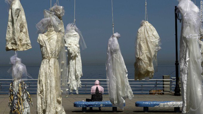 In 2017 women hung wedding dresses along Beirut seafront in protest at a law allowing rapists to escape punishment if they married their victim. The law was eventually repealed after such pressure from Arab women's groups #womensart