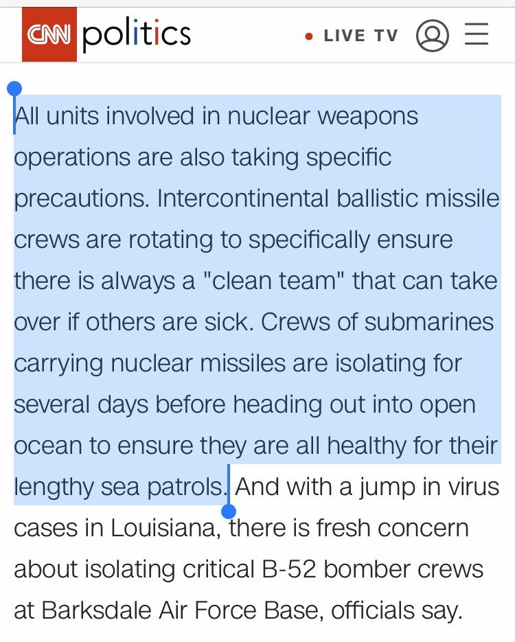 ICBM crews are rotating to ensure there is always a "clean team" that can take over if others are sick. SSBN crews are isolating for several days before sailing on patrols.  https://www.cnn.com/2020/03/30/politics/us-military-special-protection-measures-coronavirus/index.htmlMeasures probably can’t prevent infection of limited & highly specialized crews.