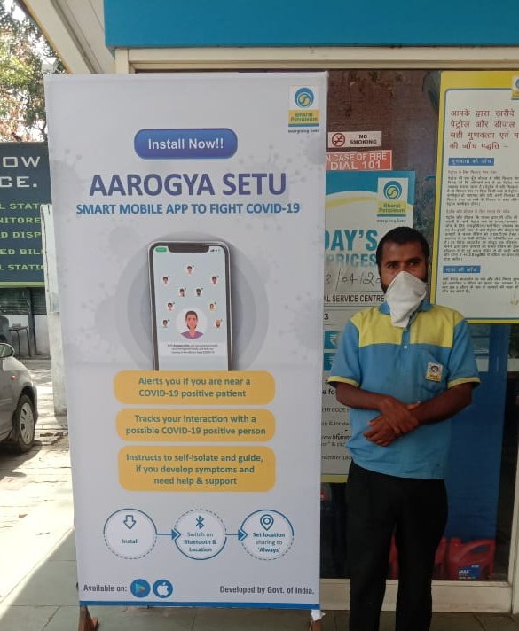 mohit02121970's tweet photo. An appeal to activate Mobile App “Aarogya Setu” a lifesaving initiative in the war against the deadly virus, launched in our COCO’s &amp; ROs in Punjab,  J&amp;K and Chandigarh “Fuelling Hope &amp; Health “ @ravips25 @SurjeetMahalik @singharunbpcl @BPCLRetail @BPCLimited #AarogyaSetuApp https://t.co/6On6z937Dl
